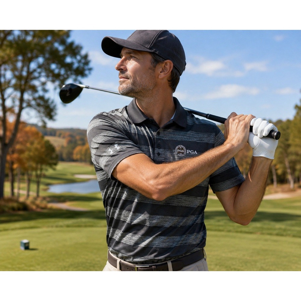 Under Armour PGA Golf Polo Shirt Men's Large Gray Stripe HeatGear Performance